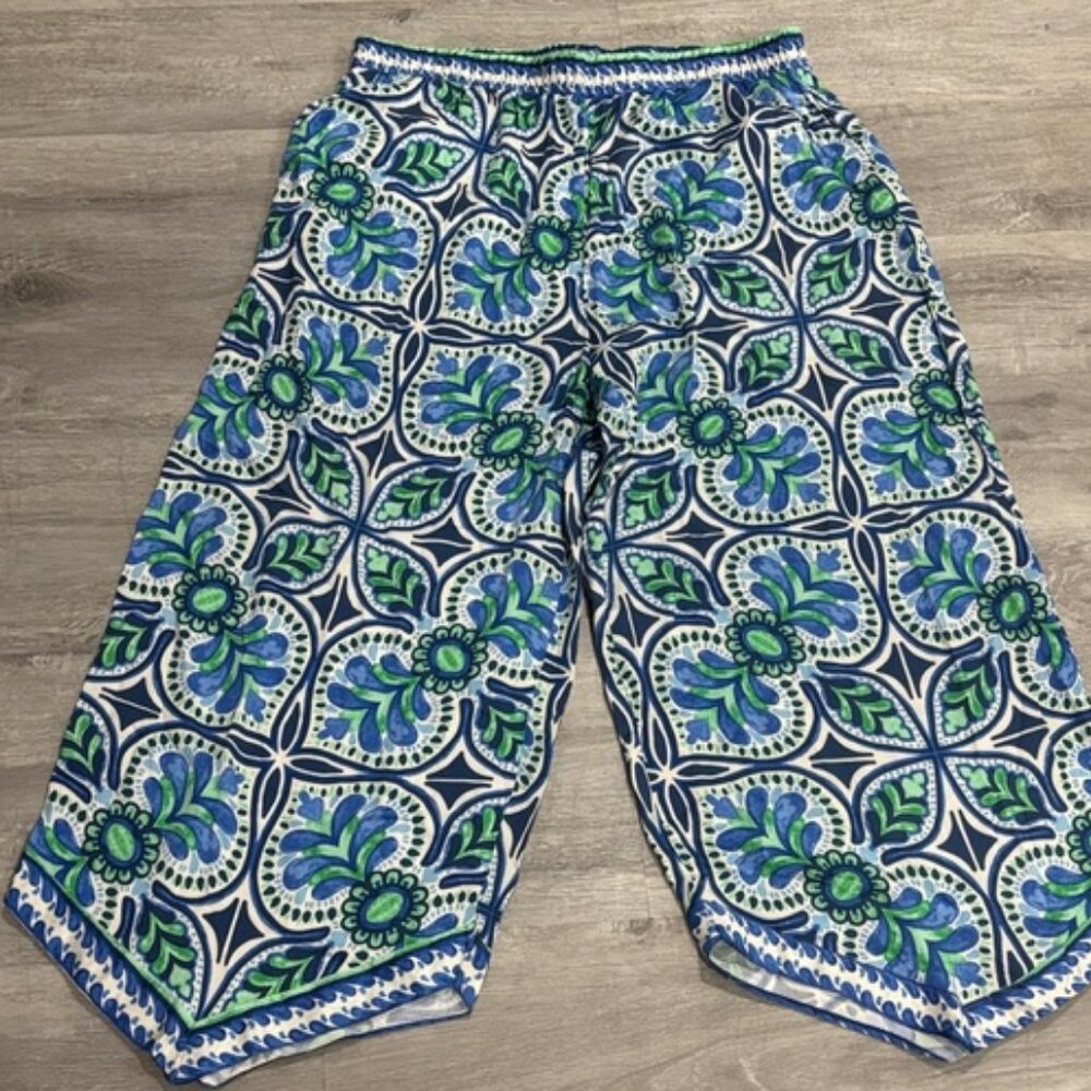 Wide Leg Pants Blue Green White Patterned
